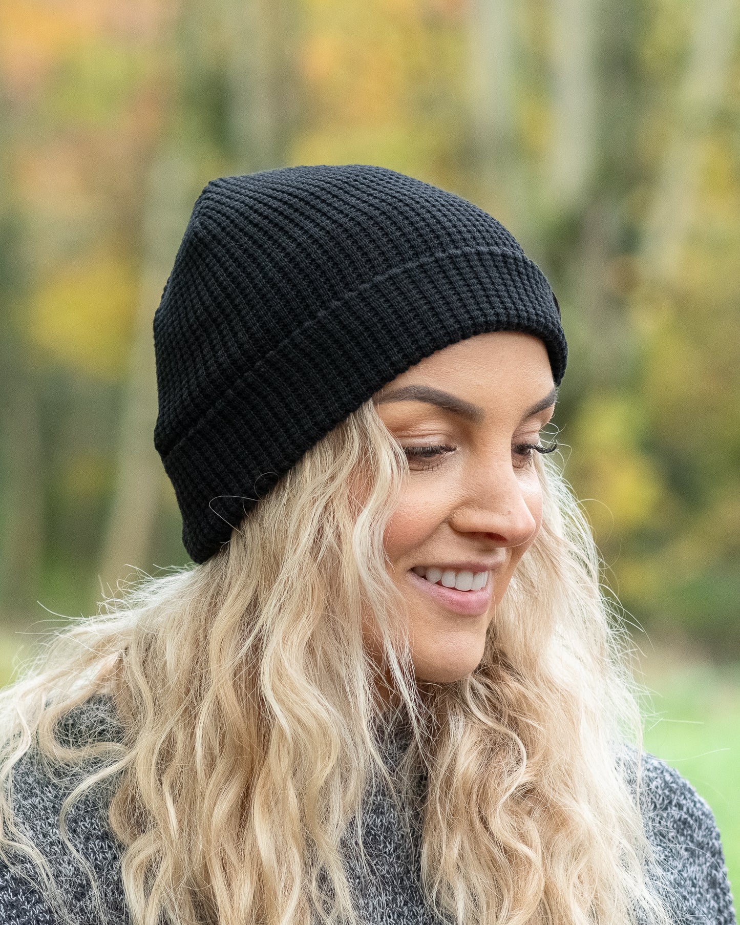 Waffle Knit Beanie in Black